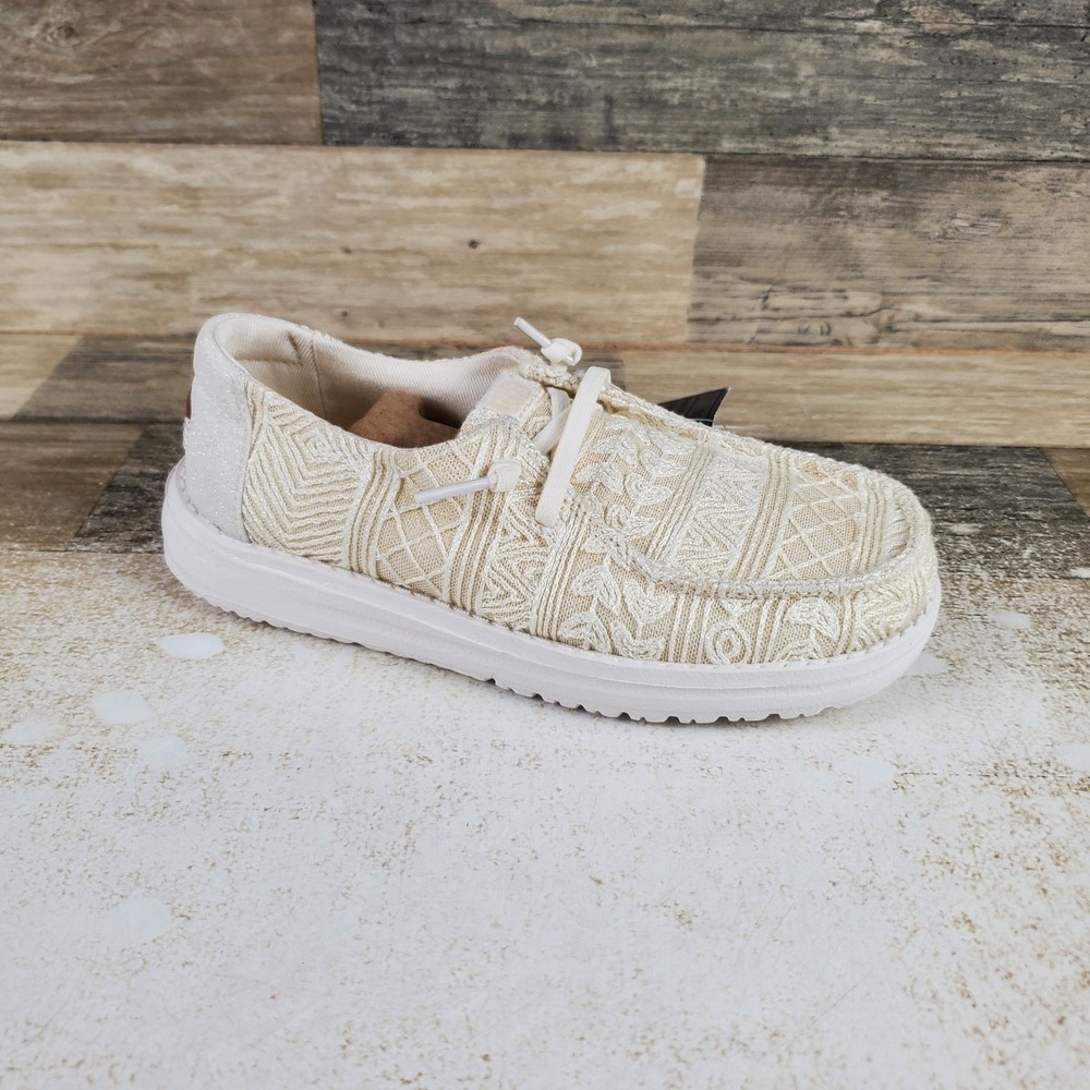 Hey Dude Wendy Crochet Lace Kids Loafers Shoes Sz 13 C13 White Gold Round Toe